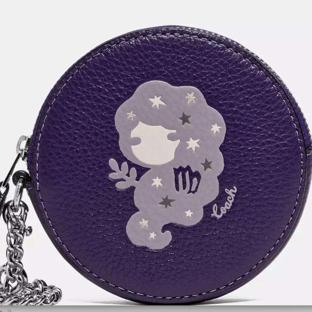 Coach Round Coin Case with Virgo Zodiac Sign Purple Silver Mermaid